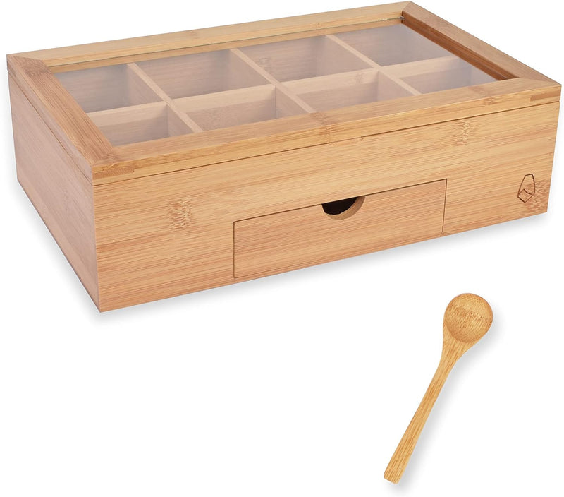 JAIG Products Tea Box - Bag Storage Holder Organizer - Bamboo Wood Chest Container - Has 8 Compartments -Comes with Drawer - Complete with Bamboo Spoon