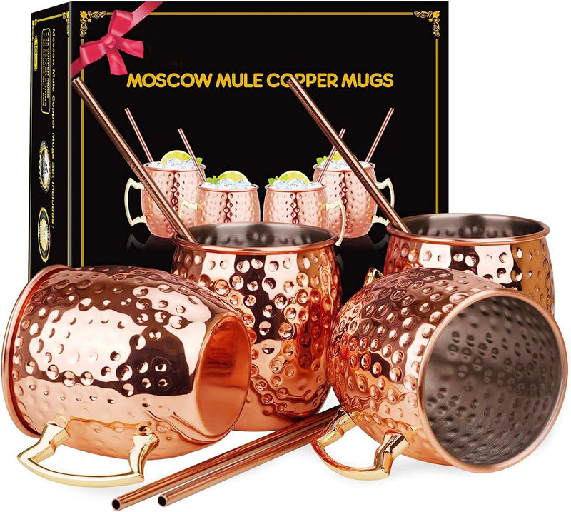 Widousy Moscow Mule Copper Mugs - Set of 4-HANDCRAFTED - Solid Copper Mugs 16 oz Gift Set with BONUS ：4 Cocktail Copper Straws