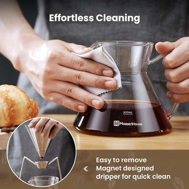 Maestri House Pour Over Coffee Maker, Magnetic Coffee Dripper and 600ML Carafe Coffee Server, Drip Coffee Maker with Metal Base, Dishwasher Safe for Home or Office