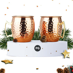 PG Moscow Mule Mugs | Large Size 19 ounces | Set of 4 Hammered Cups | Stainless Steel Lining | Pure Copper Plating | Gold Brass Handles | 3.7 inches Diameter x 4 inches Tall