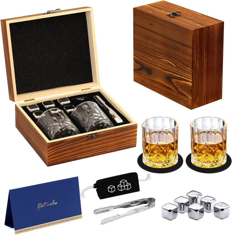 Whiskey Stones and Whiskey Glass Gift Set, DIOXADOP 8 Natural Whisky Stones 1 Crystal Whisky Glasses with Blessing Card in Exquisite Wooden Box, Prepare a Gift for a Whisky Scotch Bourbon Lover