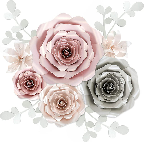 10-Pc Paper Flower Wall Decor Set for Wedding Shower Nursery Decor - Pink Gray Off-White