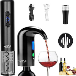 Electric Wine Opener Set, Rechargeable Electric Wine Aerator Pourer, Automatic Wine Decanter, Wine Stopper, Wine Dispenser Pump, Wine Bottle Opener (Black)