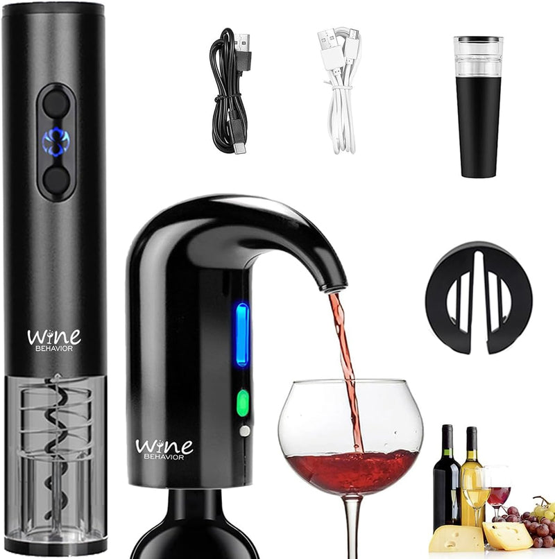 Electric Wine Opener Set, Rechargeable Electric Wine Aerator Pourer, Automatic Wine Decanter, Wine Stopper, Wine Dispenser Pump, Wine Bottle Opener (Black)