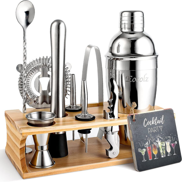 Bartender Kit Cocktail Shaker Set with Stand Bar Tool Bar Set for Drink Mixing Home Bartending Kit 11-Piece Bar Cart Accessories: Martini Shaker, Mixer Spoon, Jigger, Muddler, Strainer & Recipes Gifts