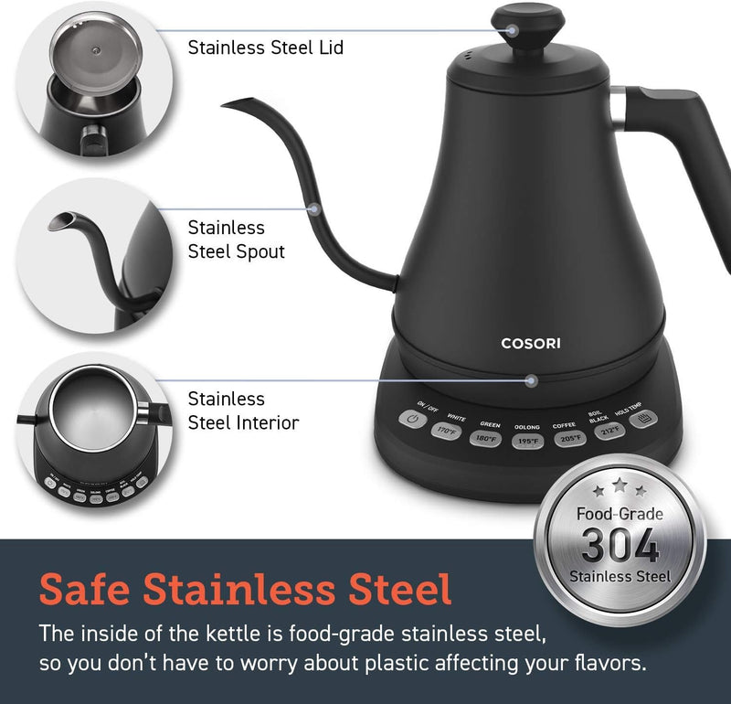 COSORI Electric Gooseneck Kettle with 5 Variable Presets, 100% Stainless Steel Inner Lid & Bottom, 0.8L, Pour Over Coffee Maker with Stainless Steel Filter, 34oz