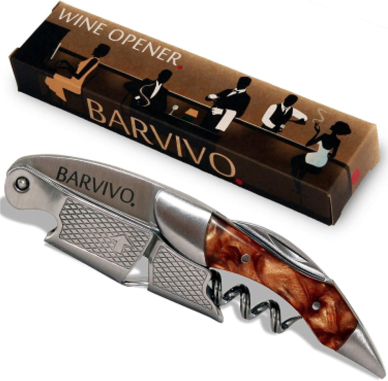 Barvivo Natural Rosewood Wine Opener with Foil Cutter Knife & Cap Remover, Double Hinged Manual Wine Key for Bartenders, Servers, Waiters, Stainless Steel Wine Bottle Opener Corkscrew