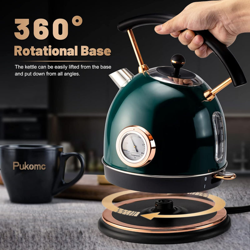 Pukomc 1.8L Electric Water Kettle with Temperature Gauge, Hot Water Boiler & Tea Heater with Curved Handle, Visible Water Level Line, Led Light, Auto Shut-Off&Boil-Dry Protection,Green