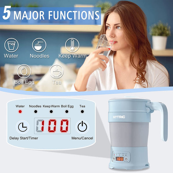 HYTRIC Travel Electric Kettle, 700ML Foldable Small Kettle BPA-Free, Portable Kettle with Multifunctional Panel, Collapsible Hot Water Kettle with Keep Warm & Delay Start, 110V Blue
