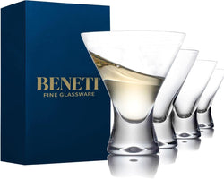 BENETI Martini Glasses Set of 4 | Made in Europe | 8oz Clear Stemless Cocktail Bar Glasses Set for Parties | Great Christmas Gift Idea for Men & Women for All Holidays or Birthdays