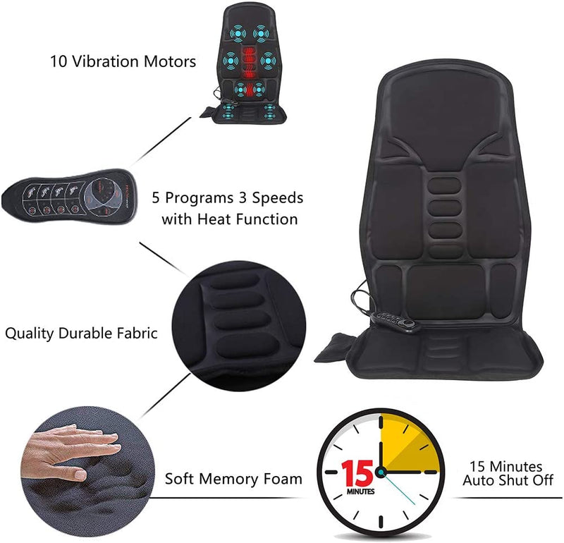 SLOTHMORE IDODO Vibration Back Massage Cushion, Massager Chair Pad with Heat, 10 Vibrating Motors & Heating Therapy to Release Stress and Fatigue for Car Use, Home or Office