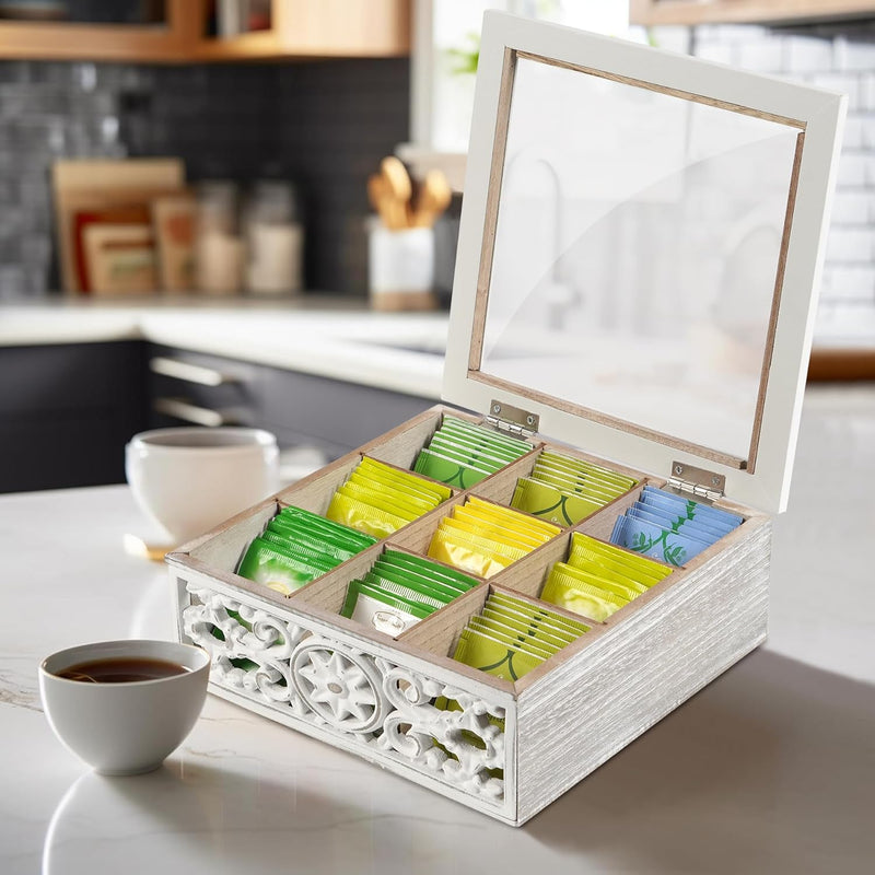 AHUONEL Tea Bag Organizer Wooden Tea Box for Tea Bags, Tea Organizer 9 Compartments Tea Chest Storage Box with Clear Lid, Tea Bag Holder Tea Caddy for Tea Coffee Sugar, Home Kitchen Office, White