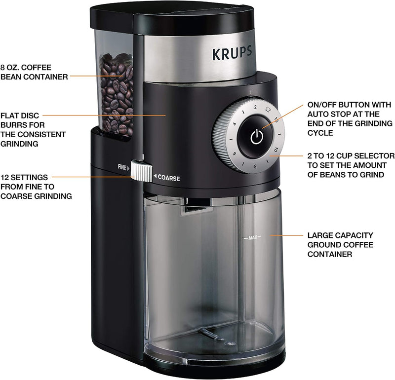 Krups Precise Stainless Steel Flat Burr Grinder 8oz, 32cups bean hopper 12 Grind from Fine to Coarse 110 Watts Removable Container, Drip, Press, Espresso, Cold Brew, 2,12 cups ground coffee Black