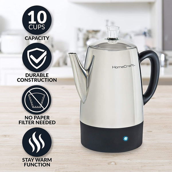 Homecraft HCPC10SS 10-Cup Stainless Steel Coffee Maker Percolator, Easy-Pour Spout, LED Indicator Light, Keep Warm Function