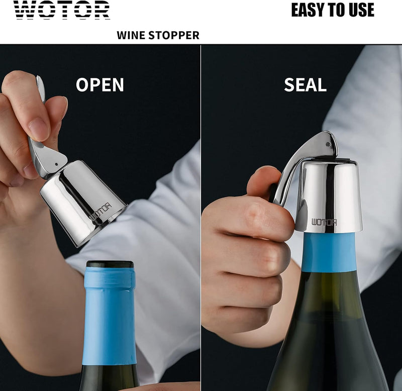 WOTOR Wine Stoppers Stainless Steel Wine Bottle stopper Plug with Silicone, Reusable Wine Saver, Wine Corks, Decorative Wine Bottle Sealer Leak proof Keep Fresh Silver 2 pack