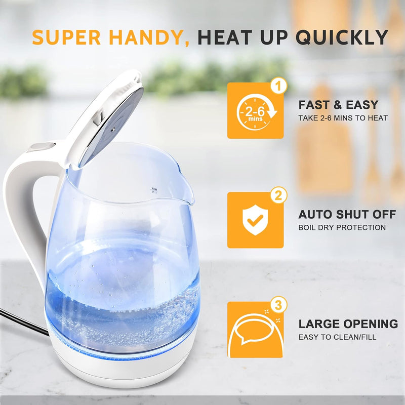 Pukomc Electric Kettle - 1.7L Hot Water Boiler - Glass Tea kettle with Wide Opening and Led Indicator, Auto Shut-Off and Boil-Dry Protection - Series 9460