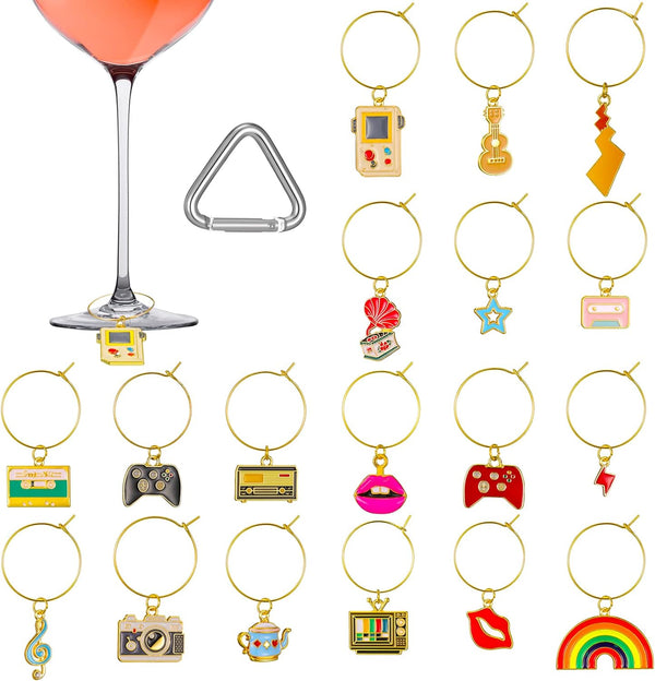 18 Pcs Wine Glass Charms Set 80's Vintage Markers Wine Glass Rings Tag Identification with Buckle and Drawstring Bag for Stem Glasses, Bachelorette Party, Wine Tasting Party Favors Decorations