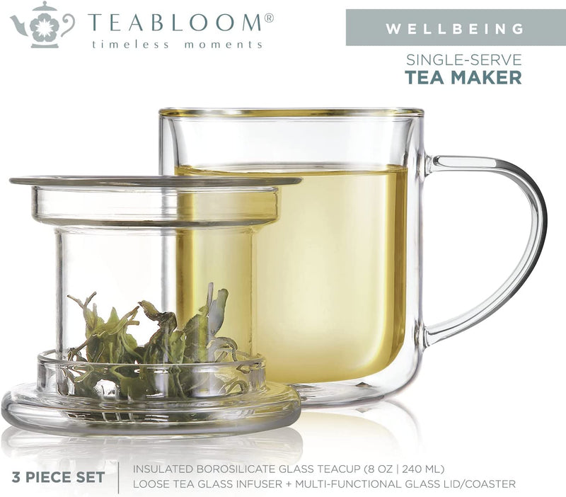 Teabloom Heatproof and Insulated Glass Tea Cup with Glass Infuser for Loose Tea - Wellbeing Infusion Mug with Dual-Purpose Lid (8 oz)