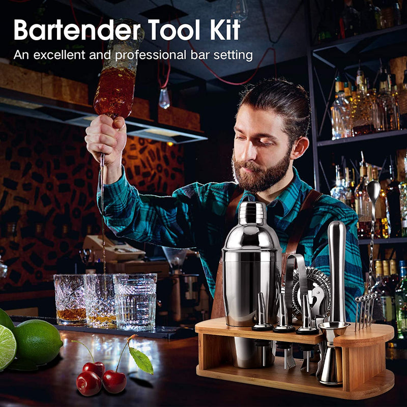 Bartender Kit, EPTISON 16-Piece Stainless Steel Cocktail Shaker Set with Stylish Bamboo Stand & Cocktail Recipes Booklet, Professional Bar Tools for Drink Mixing, Home, Bar, Parties