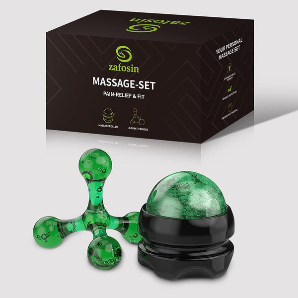 Massage Set Including Manual Massage Ball & Four Trigger Point Finger Hand-Held Massage Tools Massage Roller with Knobs for Pain Relief Relaxing, Muscle Treatment and Back Neck Massage (Green)