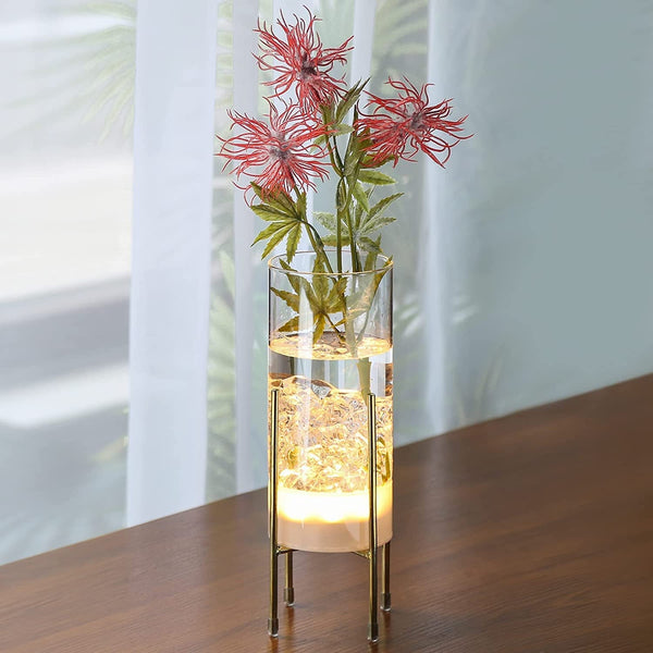 LED Flower Vase with Timer and Metal Stand - Clear Modern Design - Battery Operated for Home Decor Weddings and Parties