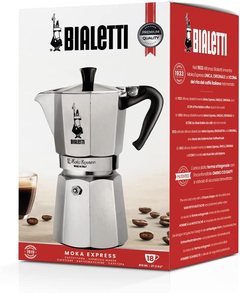 Bialetti - Moka Express: Iconic Stovetop Espresso Maker, Makes Real Italian Coffee, Moka Pot 18 Cups (27 Oz - 810 Ml), Aluminium, Silver