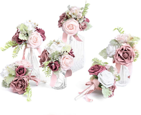 Pre-Made Dusty Rose Bridesmaid Bouquet Set - Small Wedding Centerpieces 6 Pack