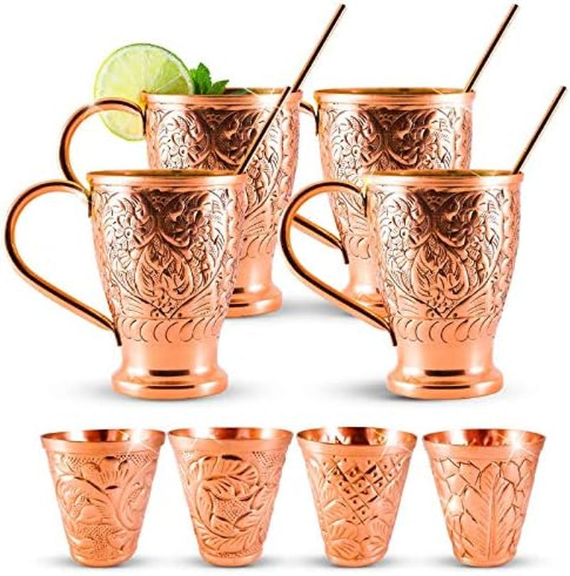 Kamojo Moscow Mule Cups Set of 4 - Premium Moscow Mule Copper Mugs with Unique Embossed Design & Anti-Tarnish, Food-Grade Coating - Copper Cups Gift Set with 4 Copper Straws & Recipe E-Book, 16 oz