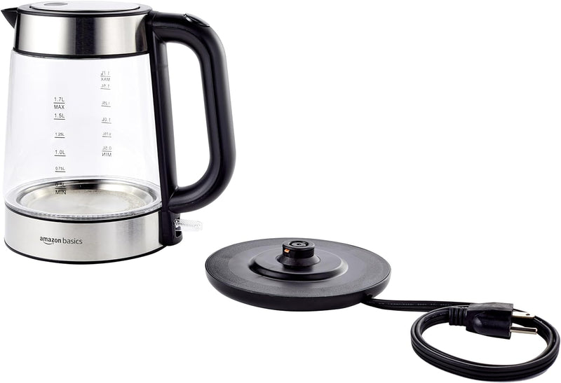 Amazon Basics Electric Glass and Steel Hot Tea Water Kettle, 1.7-Liter, Black and Sliver