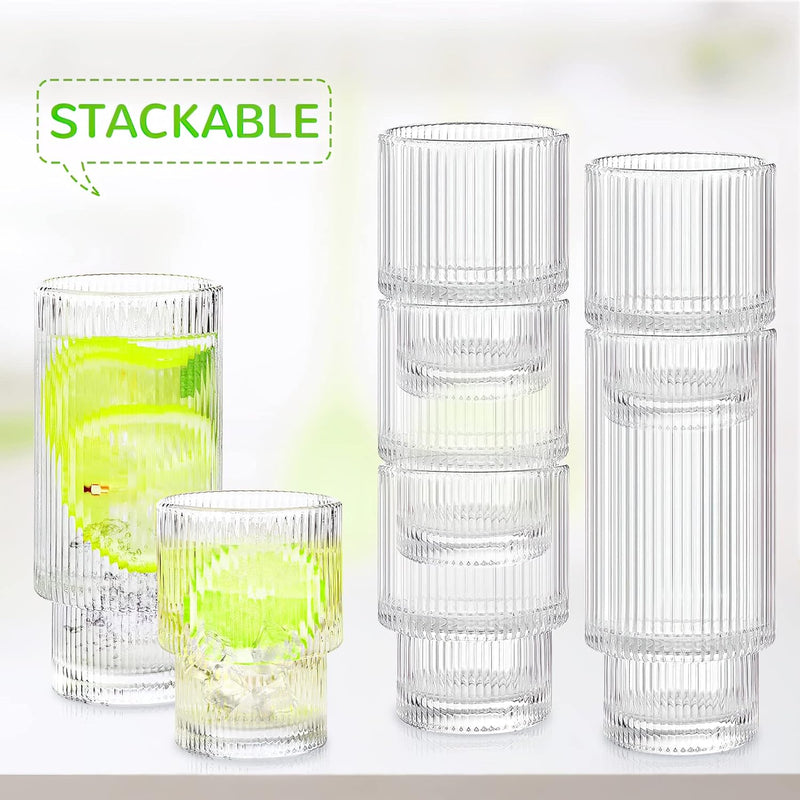 Lvtrupc 10Pcs Ribbed Glass Cups - Highball Glasses & Small Water Drinking Glasses, Vintage Fluted Glassware Sets for Iced Coffee Whiskey Cocktail, Unique Cute Gifts with Straws & Cleaning Brush