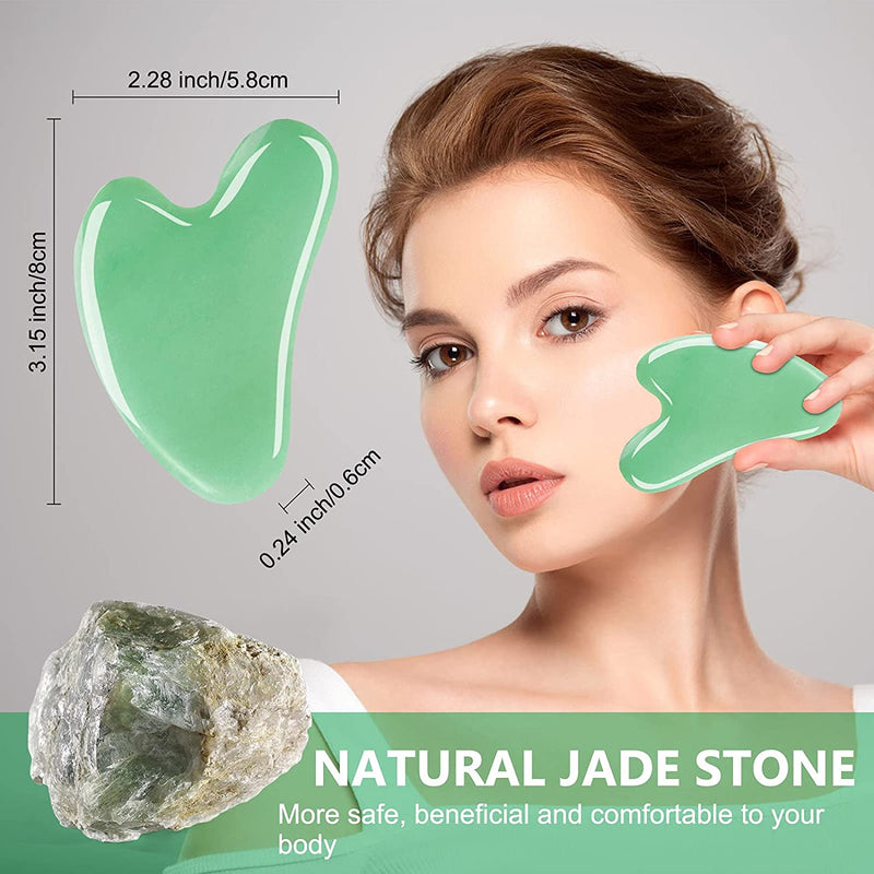 esur Jade Gua Sha Facial Tool Set, 2 Pack Guasha Tool for Face Massager, Natural Jade Stone Face Scraper for Eyes, Chin, Neck and Body Muscle Relaxing and Relieve, Gifts for Women