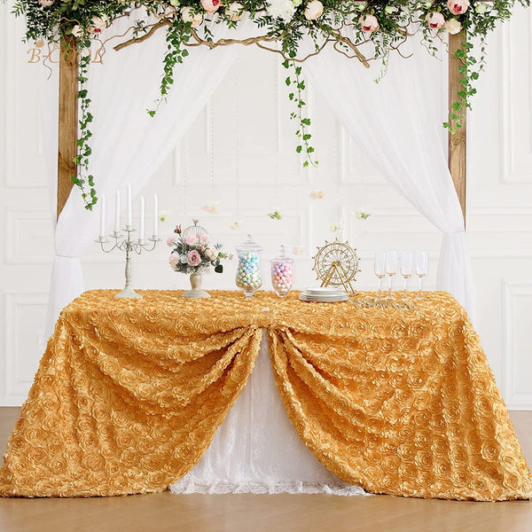 Gold 3D Satin Tablecloth - 60X102 Floral Table Cover for Wedding or Baby Shower
