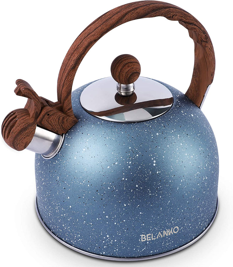 Tea Kettle, BELANKO 85 OZ / 2.5 Liter Whistling Tea Kettle Pots for Stove Top Food Grade Stainless Steel with Wood Pattern Folding Handle, Loud Whistle for Tea, Coffee, Milk - Milk White