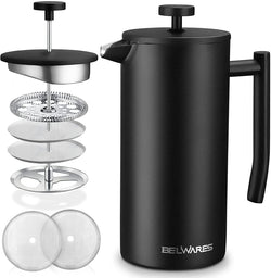 French Press Coffee Maker 50 Oz – Insulated Coffee Press Stainless Steel 304 Large – Double Wall & 4 Level Filtration System (1.5 Liter) – Black