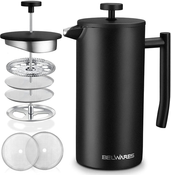 French Press Coffee Maker 50 Oz – Insulated Coffee Press Stainless Steel 304 Large – Double Wall & 4 Level Filtration System (1.5 Liter) – Black