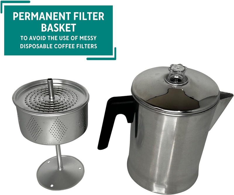 Mirro 9 cup Aluminum Coffee Percolator for indoor and outdoor, Camping Use, Silver (MIR-50021)