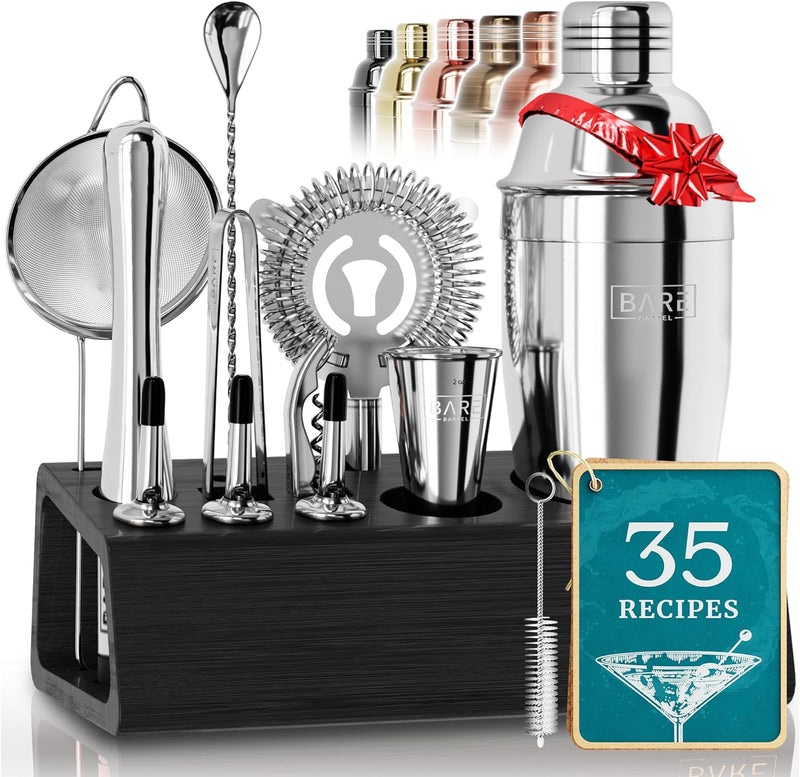 Pro Mixology Bartender Set Bar Kit | 14-Piece Boston Cocktail Shaker Set | Professional Barware Mixing Tools for Home Bartending | Bamboo Stand Recipe Cards | Gift Set for Him & Her (Silver Black)