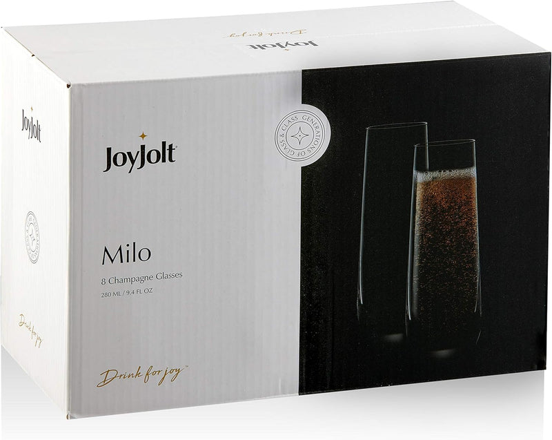 JoyJolt Milo Stemless Champagne Flutes Set of 8 Crystal Glasses. 9.4oz Prosecco Wine Flute, Mimosa Glasses Set, Cocktail Glass Set, Water Highball Glass, Bar Glassware