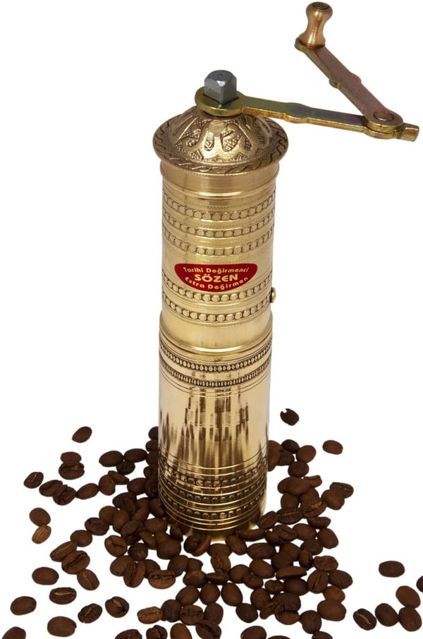 9" Handmade Hand Crafted Hammered Manual Brass Coffee Mill Grinder Sozen, Portable Steel Conical Burr Coffee Mill, Portable Hand Crank Coffee Grinder, Turkish Coffee Grinder, Sozen Coffee Grinder