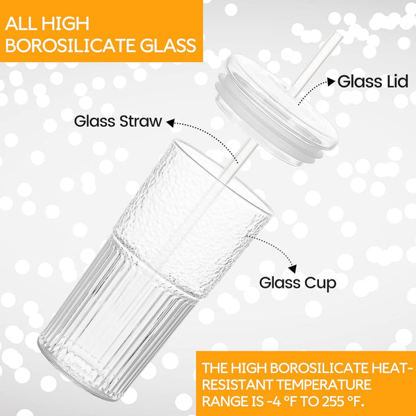 QWEZXO Glass Cups With Lids and Glass Straws，20 OZ High Borosilicate Glass Tumbler Iced Coffee Water Smoothie