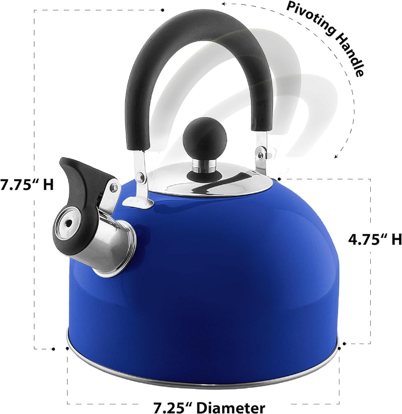 Lily's Home 2 Quart Stainless Steel Whistling Tea Kettle, the Perfect Stovetop Tea and Water Boilers for Your Home, Dorm, Condo or Apartment. (Blue)