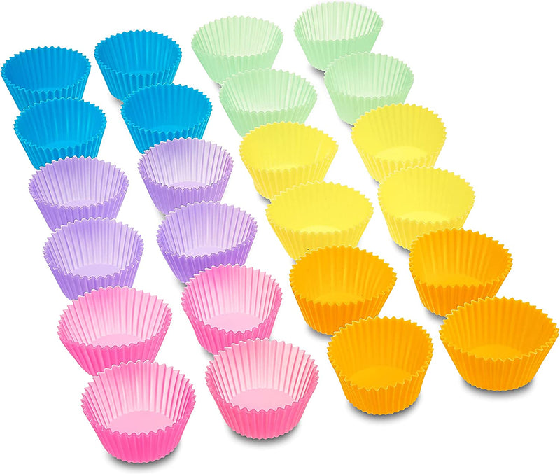 Amazon Basics Round Reusable Silicone Baking Cups, Muffin Liners, Pack of 24, Multicolor, 2.9"L x 2.9"W x 1.3"H