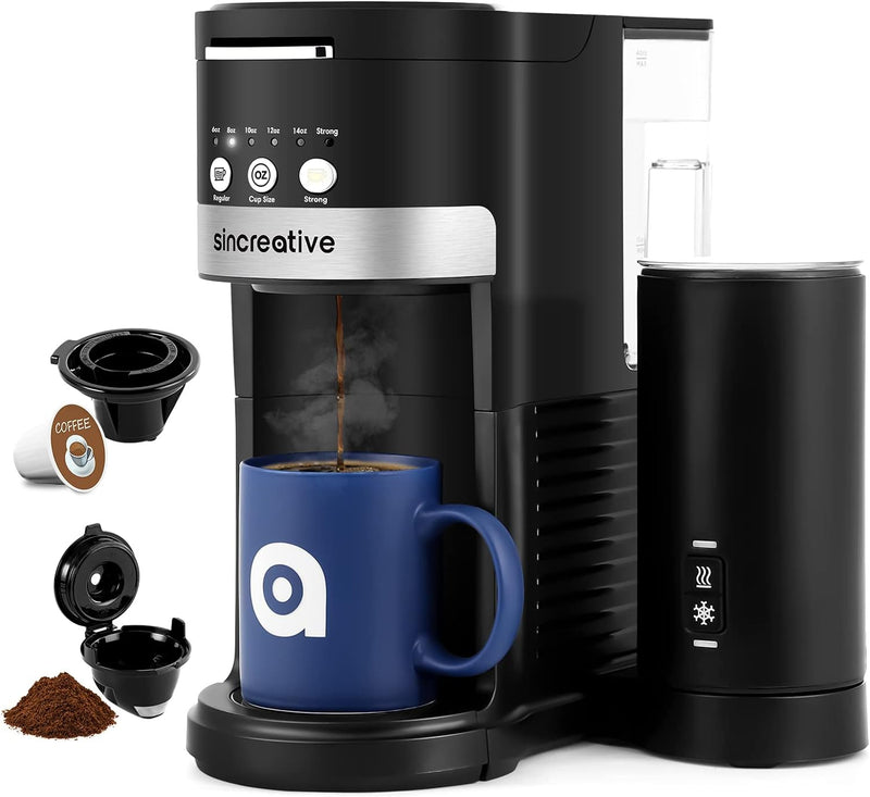 Sincreative Single Serve Coffee Maker, 2 in 1 Single Cup Coffee Makers for K Cup Pod or Ground Coffee, Compact Coffee Machine with Strong Brew Button, 6 to 14oz Brew Sizes, Gifts for Mom Dad Women Men