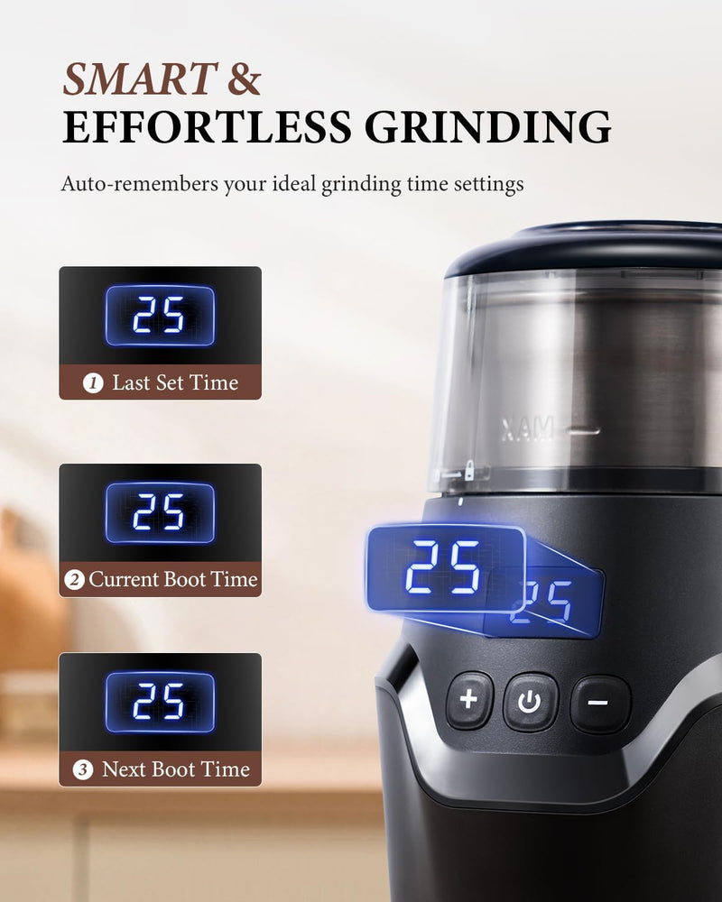 SHARDOR Adjustable Coffee Grinder Electric, Super Silent Electric Coffee Bean Grinder with Time-Memory Adjustment and Multi-Functional Stainless Steel Cup for Spices, Herbs, and Nuts Grinding, Black