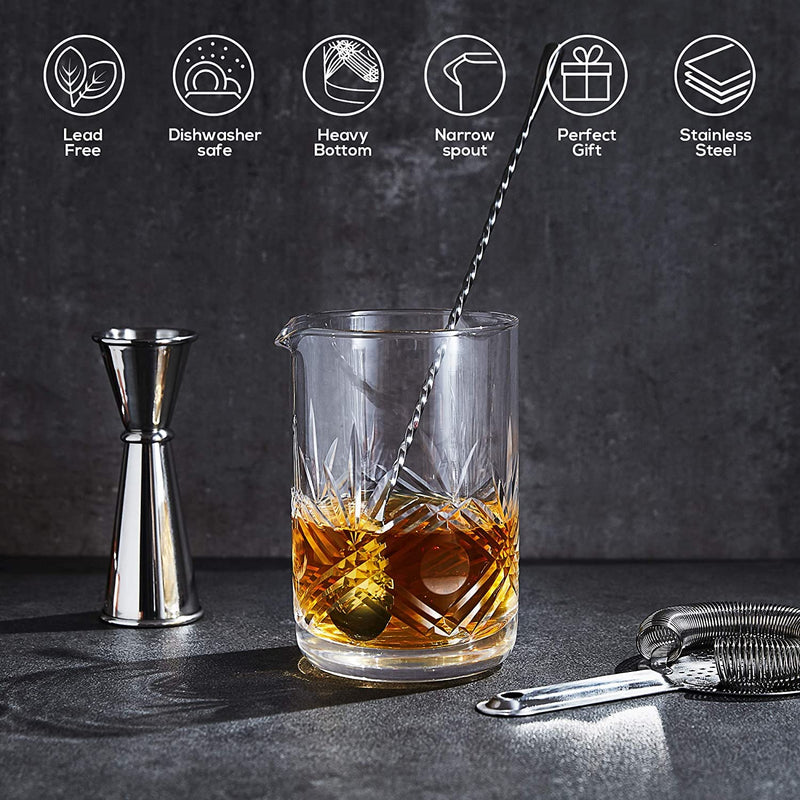 Cocktail Mixing Glass Set, Old Fashioned Kit : Stainless Steel Bar Spoon & Hawthorne Strainer & Japanese Jigger & Glass Polishing Cloth, Crystal Mixer Glass Yarai, Valentine's