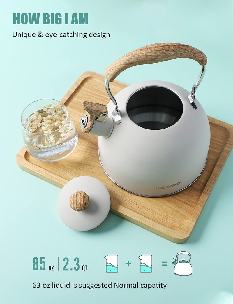 Tea Kettle, BELANKO 85 OZ / 2.5 Liter Whistling Tea Kettle Pots for Stove Top Food Grade Stainless Steel with Wood Pattern Folding Handle, Loud Whistle for Tea, Coffee, Milk - Milk White