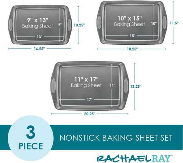 Rachael Ray Nonstick Bakeware Set with Grips, Nonstick Cookie Sheets / Baking Sheets - 3 Piece, Gray with Sea Salt Gray Grips