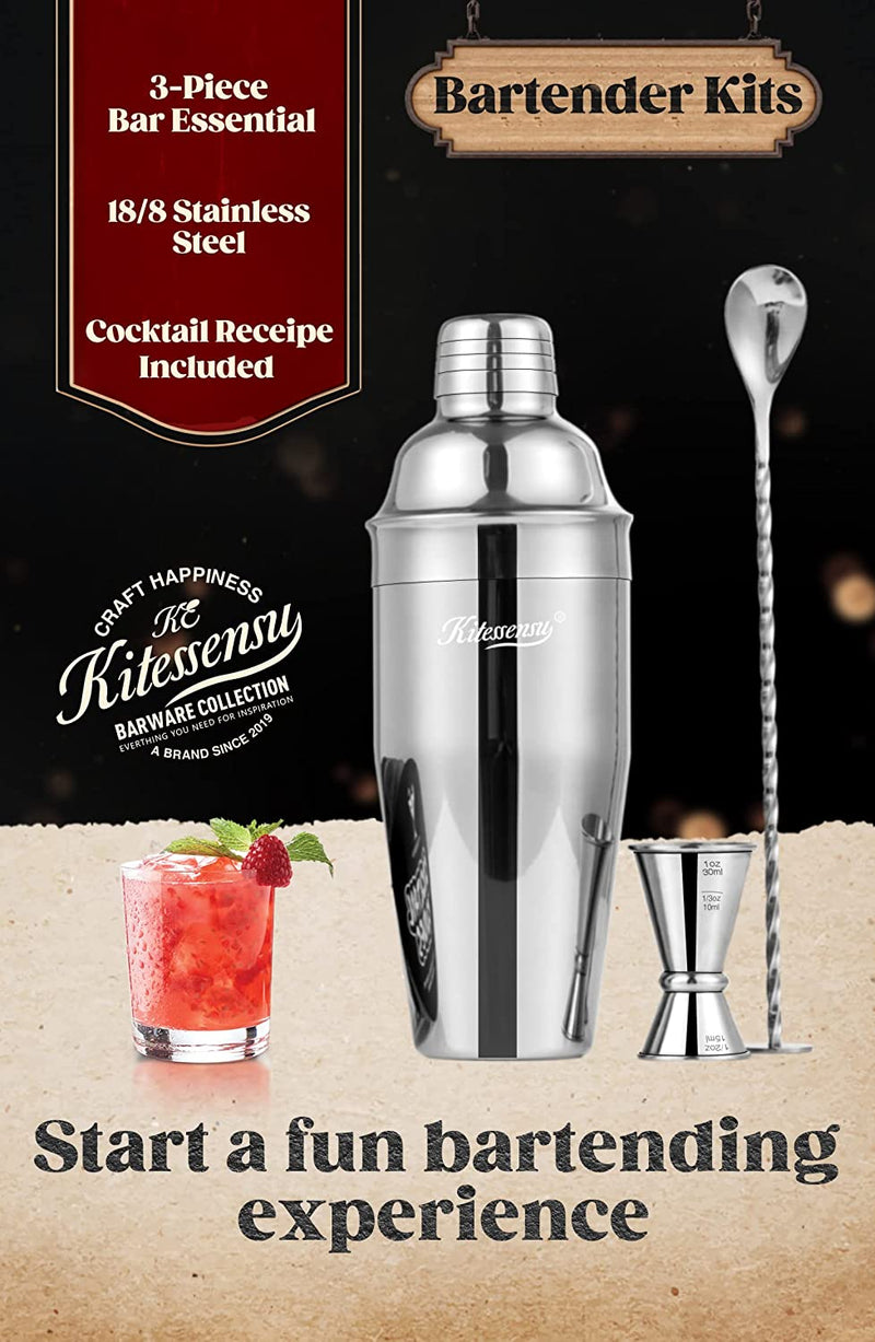 Cocktail Shaker, KITESSENSU 24oz Drink Shaker with Bartender Strainer, Measuring Jigger, Bar Mixing Spoon, Cocktail Recipe Guide, Professional Drink Mixer Set for Beginners, Silver