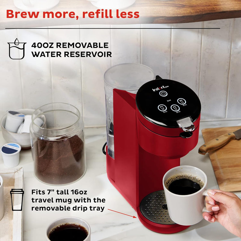 Instant Solo Single Serve Coffee Maker, From the Makers of Pot, K-Cup Pod Compatible Brewer, Includes Reusable & Bold Setting, Brew 8 to 12oz., 40oz. Water Reservoir, Red