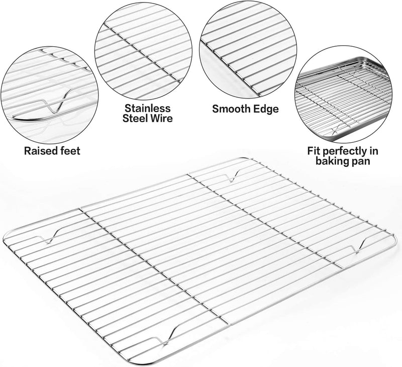 Stainless Steel Baking Sheet Tray Cooling Rack with Silicone Baking Mat Set, Cookie Pan , Set of 6 (2 Sheets + 2 Racks + 2 Mats), Non Toxic, Heavy Duty & Easy Clean